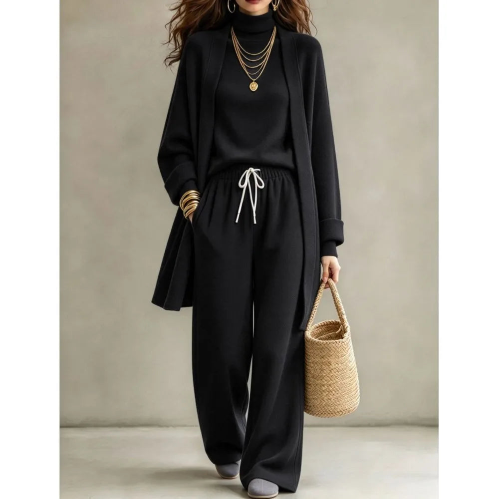 Autumn Winter New Fashion Double-sided Velvet High Collar Base Shirt Long Coat 3-piece Set Women's Casual Warm Wide Leg Suit2026