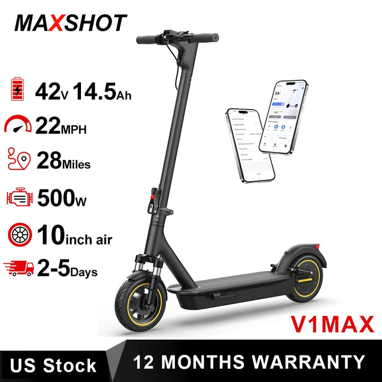 2026 New 10inch Solid/Air Tire Electric Scooter 500W Motor 42V 14.5AH Battery Up to 22MPH Max Speed & 28 Miles Max Range Dual Suspension Folding IP65 Waterproof E-Scooter for Commuting
