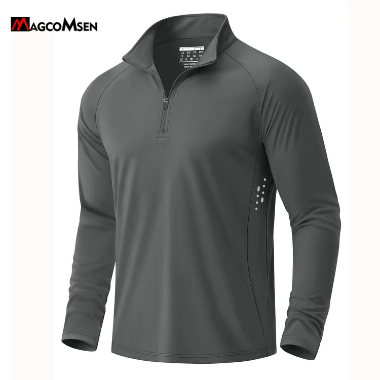 MAGCOMSEN Men's Quarter Zip Long Sleeve Reflective Running Shirt Quick Dry Moisture Wicking UPF 50+ Hiking Workout Pullover