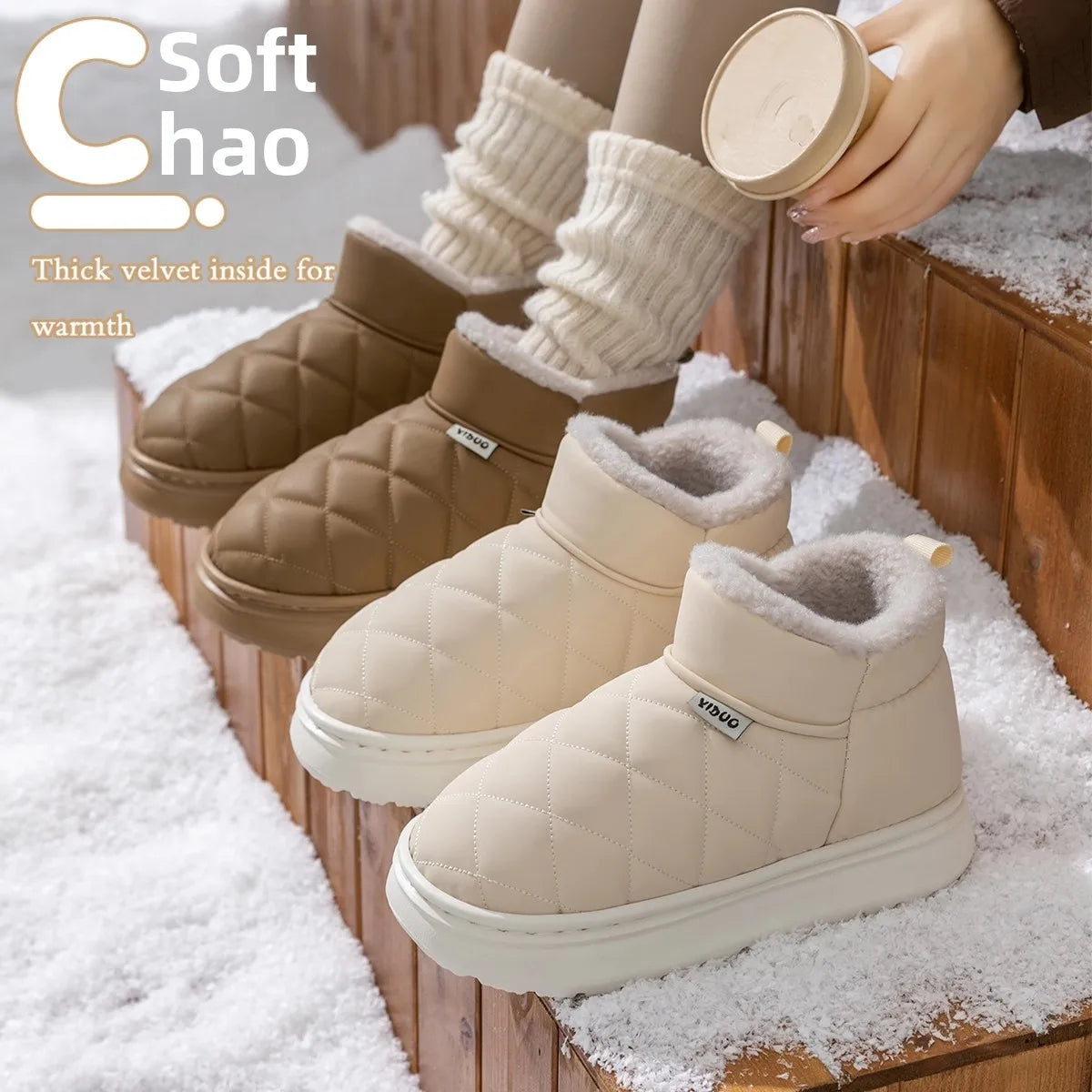 Waterproof Slip Resistant Winter Snow Boots Women Outdoor Traction Sole With Fur Lining Platform Cozy Slip On Slipper Shoes