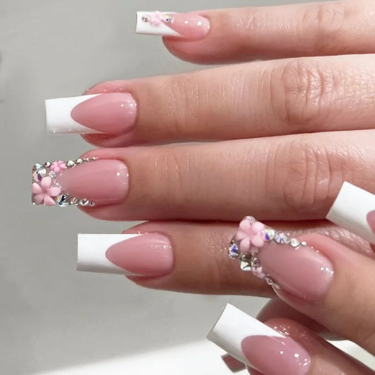 White French Press on Nails 3D Bowknot Fake Nails Tips Full Cover Wearable False Nails for Women and Girls DIY Manicure 24Pcs