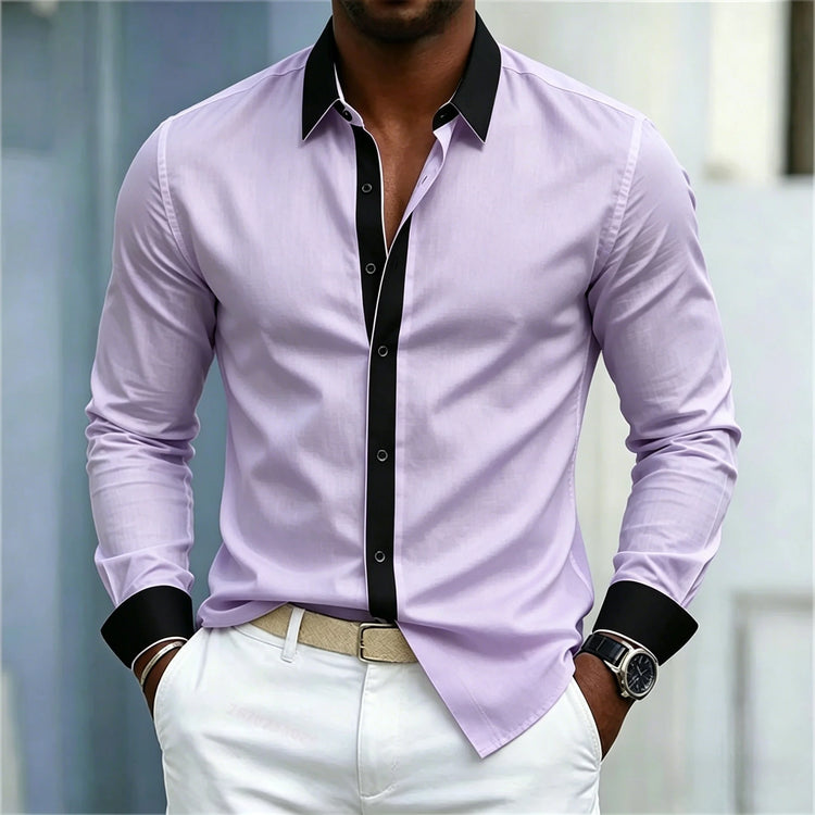 Men's Shirt Black And White Contrasting Splicing Men's Lapel Long Sleeved Shirt Slim Fit Business Casual Men's Top Size