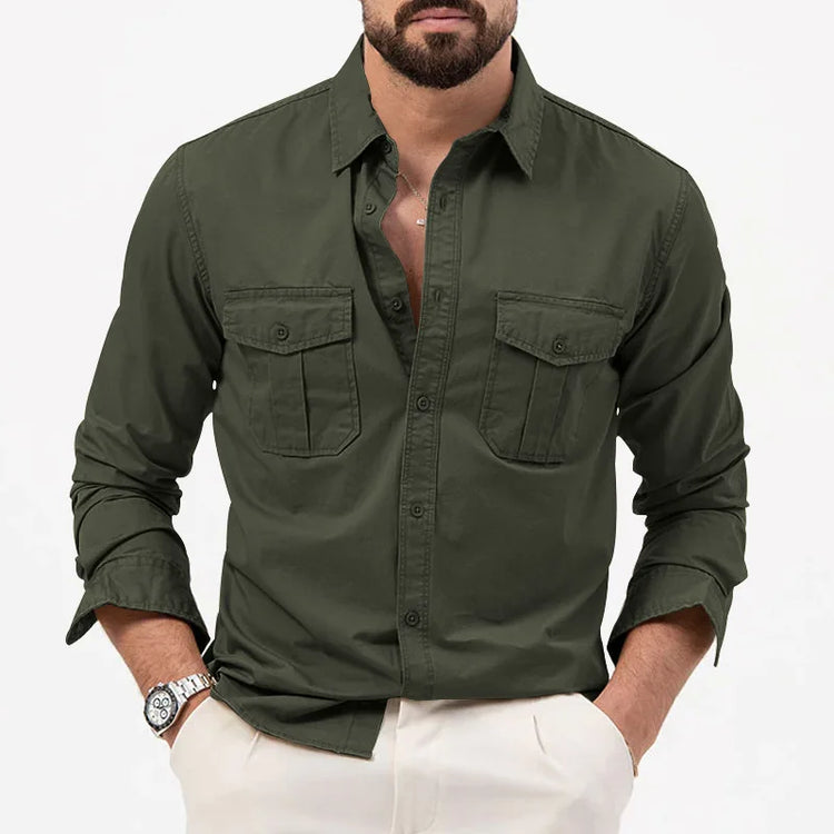 2024 Men Shirts Long Sleeve Casual Spring Summer Vintage Multi-pocket Slim Social Business Casual Blouse Solid Color Shirt