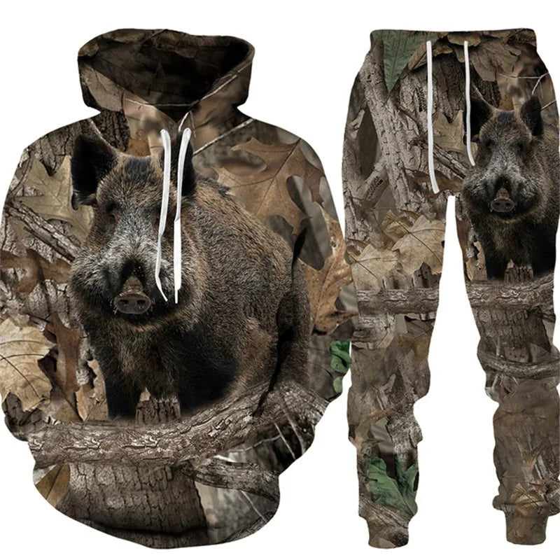 Men's Camouflage Hunting Animal Tracksuit Outfits 3D Wolf Print Hoodies 2-Piece Autumn/Winter Outdoor Sweatshirts Sweatpants Set