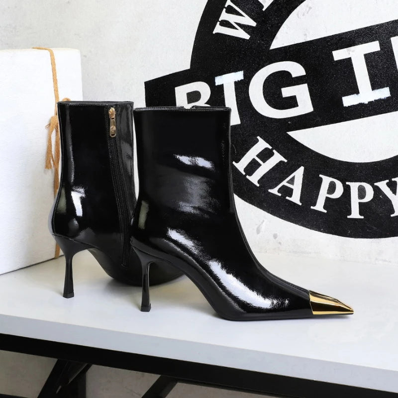 Black Patent Leather Slim Fit Ankle Booties Stiletto High Heel Metallic Pointed Tip Side Zipper Non Slip Elegant European Style