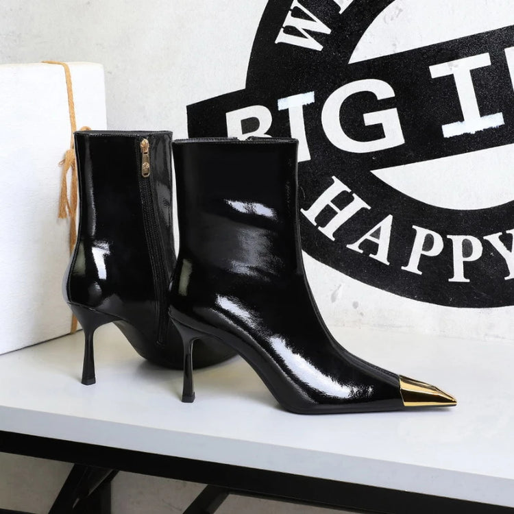 Black Patent Leather Slim Fit Ankle Booties Stiletto High Heel Metallic Pointed Tip Side Zipper Non Slip Elegant European Style