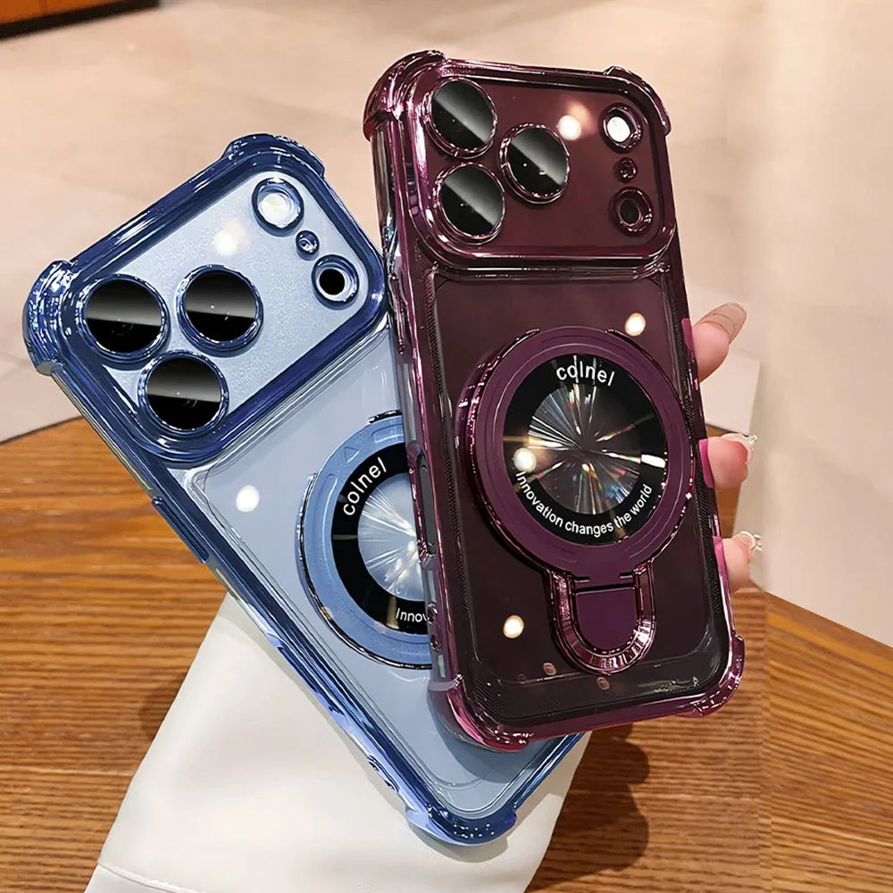 For Magsafe Wireless Charging Case For iPhone 18 Pro Max Air 14 15 Plus 13 16 17 Pro Transparent Plating Ring Holder Phone Cover
