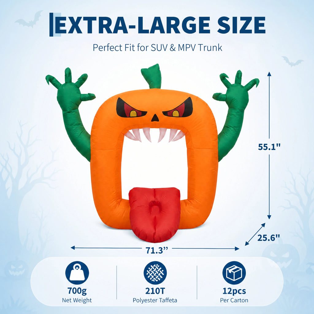 6 FT Inflatable Halloween Pumpkin Arch with LED Lights Self Inflating Outdoor Yard and Trunk or Treat Decoration 210T Polyester 12V Plug Spooky Holiday Party Lawn Garden Night Display Props