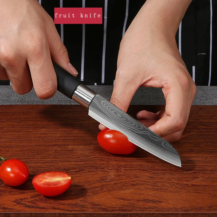 Laser Damascus Pattern Utility Kitchen Knives Scissors Sharpening Rod Set Stainless Steel Sharp Slicing Chef Knife Cooking Tool