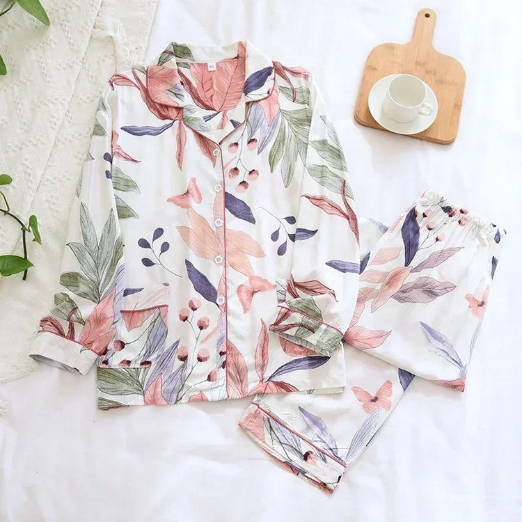 Spring / Summer New 100% Viscose Long-sleeved Trousers Ladies Pajamas Suit 3XL Plus Size Long Sleepwear Women's Home Nightwear