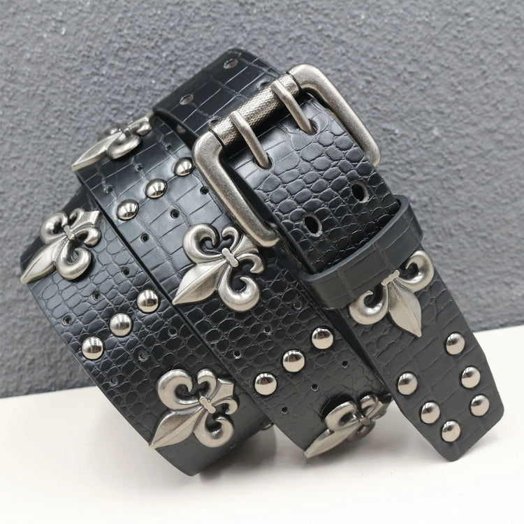 Double-needle buckle belt with heavy black crocodile pattern  Goth Skeleton Rivet Belt Trend Punk Hip-hop Belt Y2K Style Belt