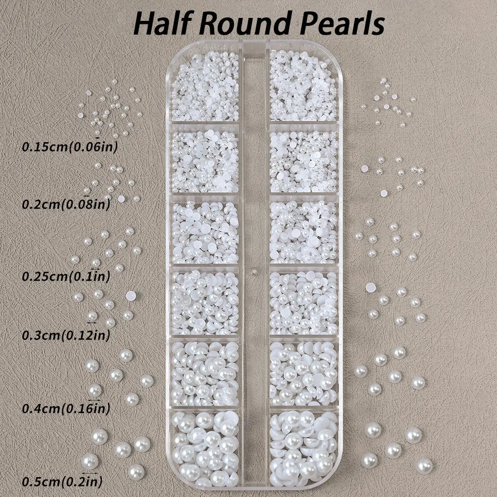 12grids Half Round Pearls Beads 3D Nail Charms 1.5/2/2.5/3/4/5mm White Flatback Pearls Nail Jewelry Nail Craft Pearl Rhinestones