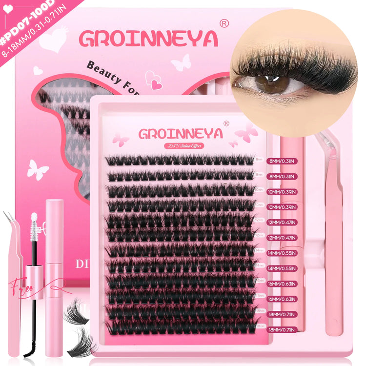 GROINNEYA DIY Lash Clusters Kit Thick Fluffy Cluster Lashes Full Set Lashes Extension with Lash Bond&Seal Individual Eyelashes