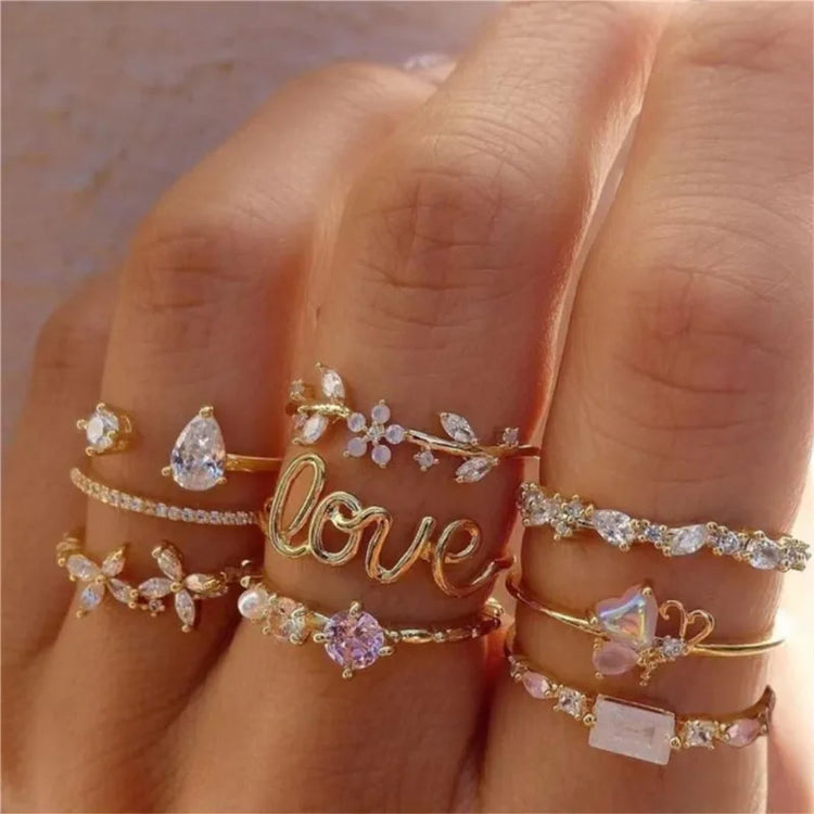 Boho Gold Color Heart Rings Set For Women Cubic Zirconia Leaves Flower Finger Rings Female Trendy Jewelry Gift