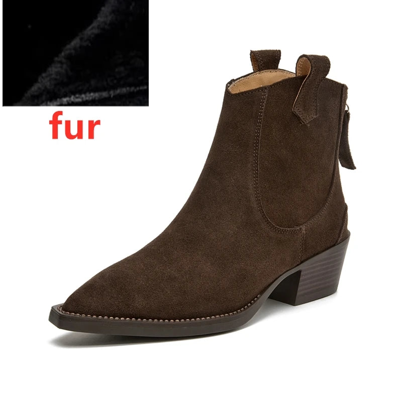 AIYUQI Women's Ankle Boots 2026 New Pointed Toe Zippered Western Cowboy Boots For Women Block Heel Work Boots Female