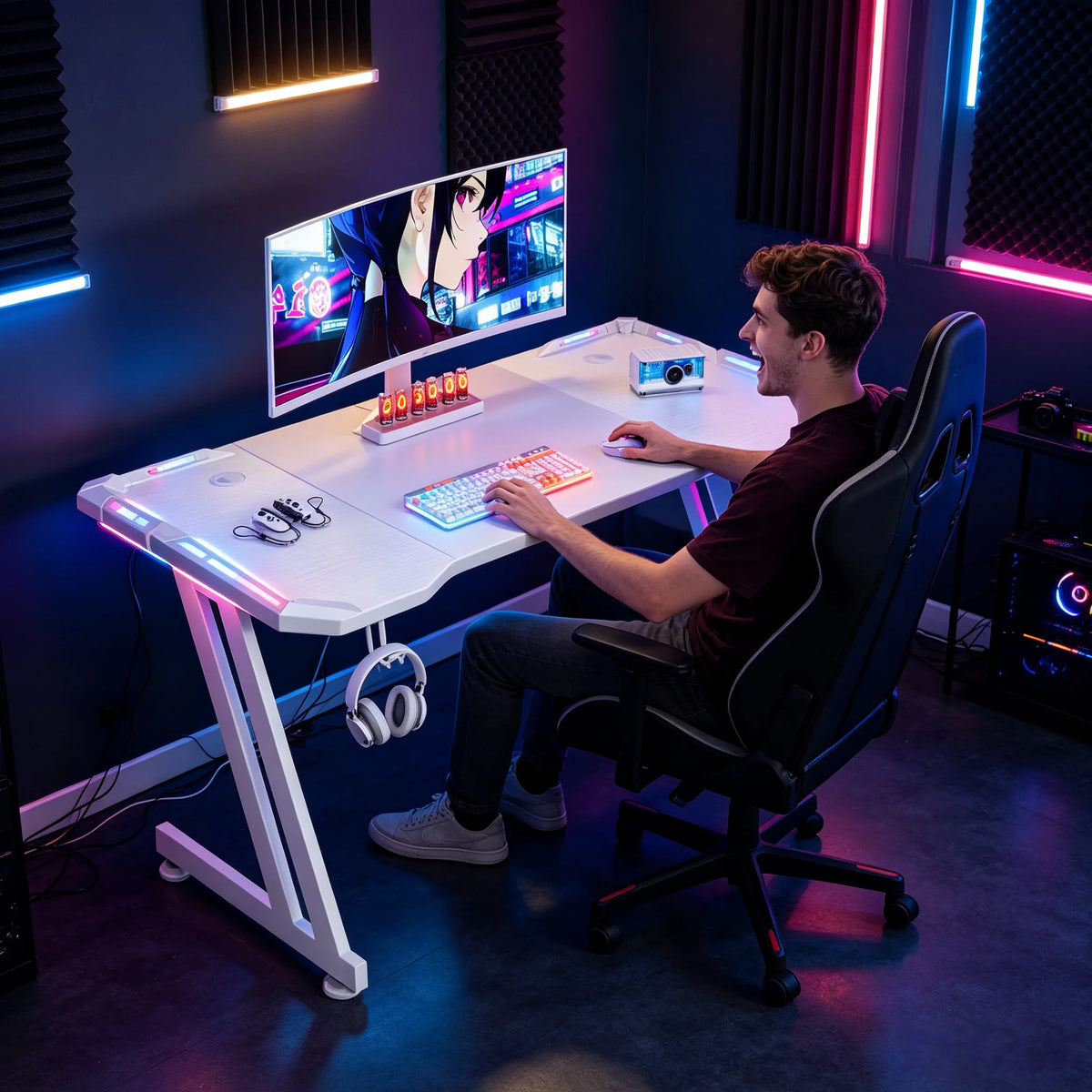 NEBMAAX White Gaming Desk RGB LED Lights Sturdy Z-Frame Workstation with Cup Holder And Headphone Hook for Home Office Gamers