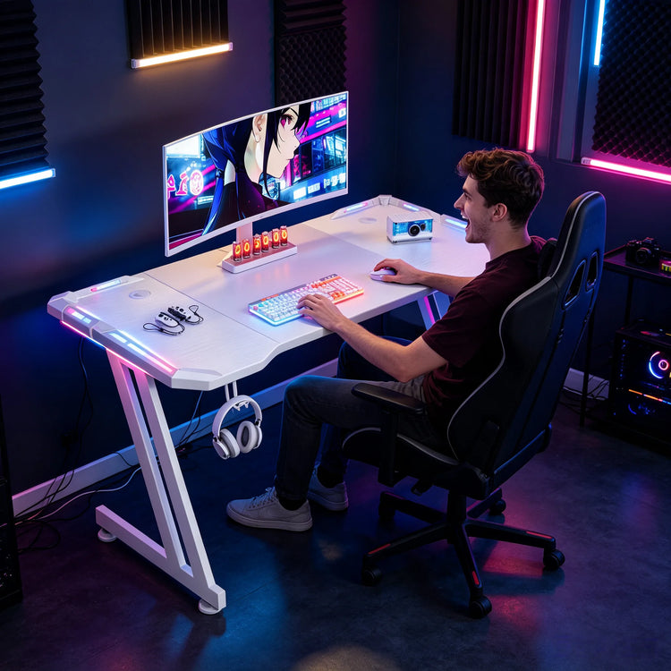 NEBMAAX White Gaming Desk RGB LED Lights Sturdy Z-Frame Workstation with Cup Holder And Headphone Hook for Home Office Gamers