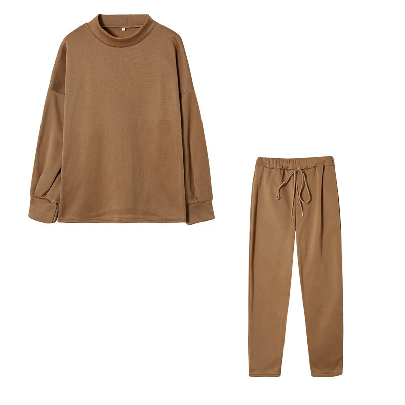 2025 Autumn and Winter Women's Sweater High Collar Casual Pure Color Trousers Two-piece Set