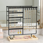 Metal Jewelry Organizer Stand with Wooden Tray - Multi-Functional Storage for Earrings, Necklaces, Bracelets & Rings