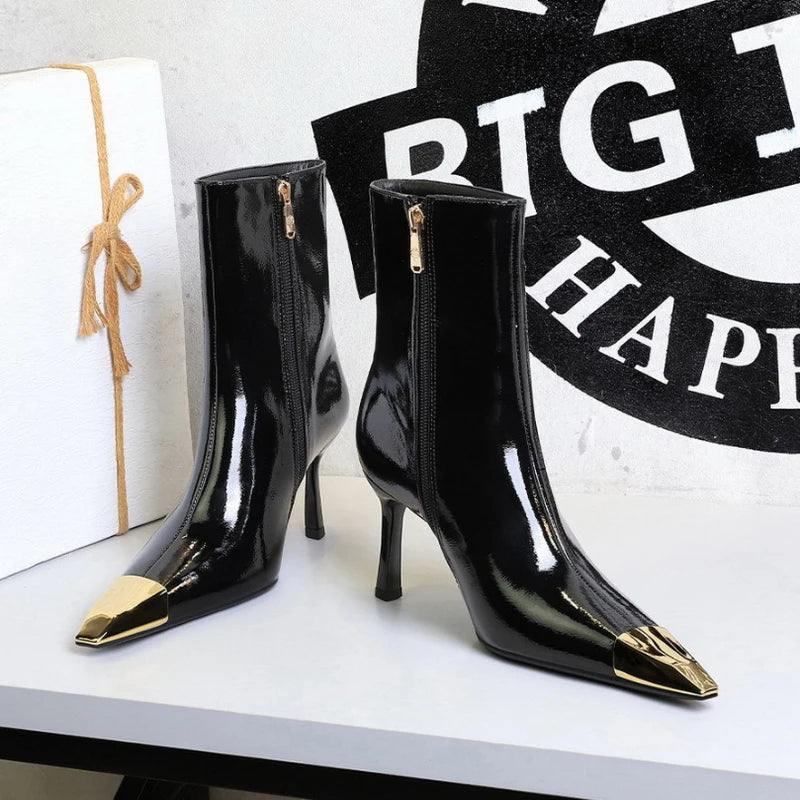 Black Patent Leather Slim Fit Ankle Booties Stiletto High Heel Metallic Pointed Tip Side Zipper Non Slip Elegant European Style