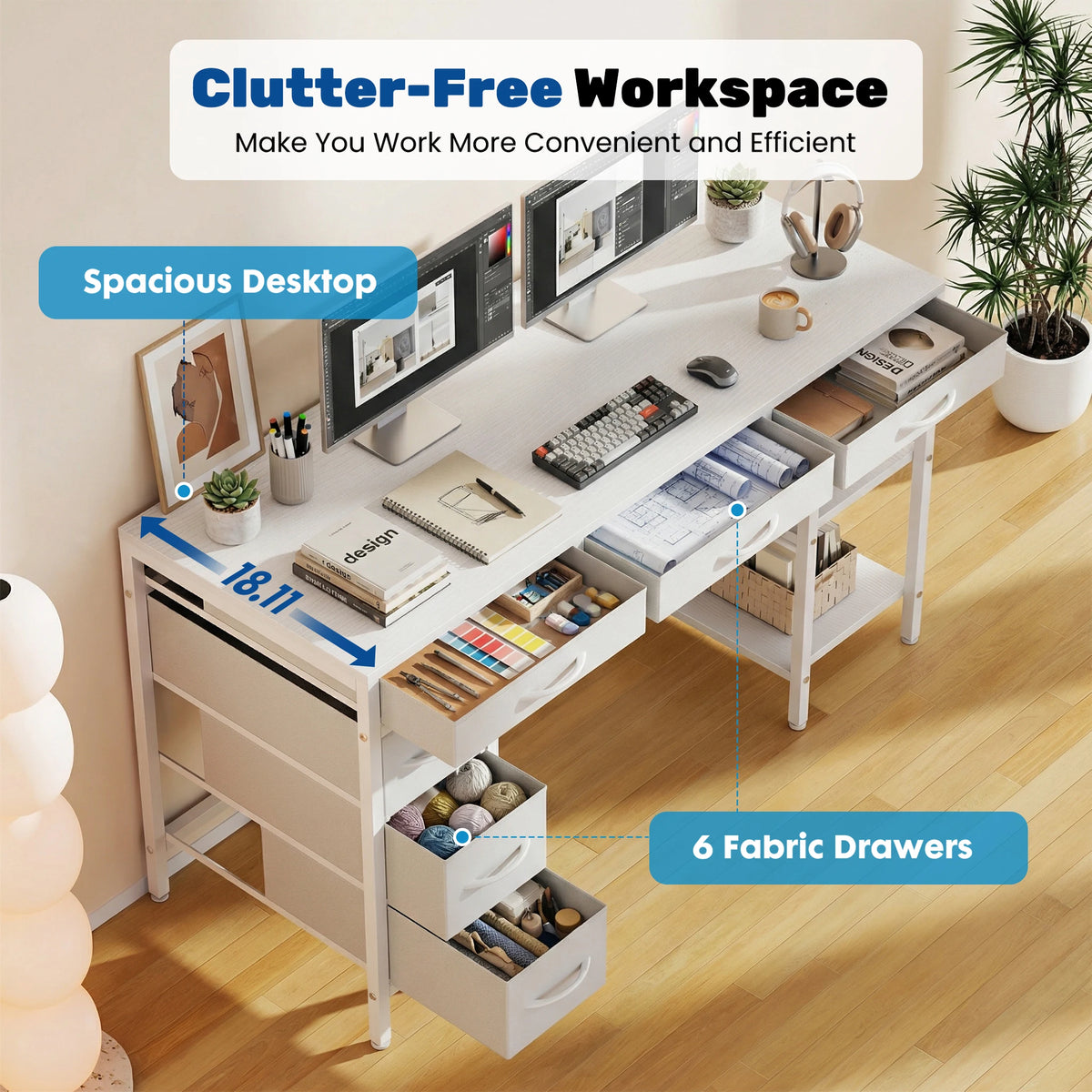 MCQ 47 Inch Office Computer Desk With 6 Fabric Drawers Standing Ergonomic Gaming Desk With Storage Shelves Reversible Gaming Desk For Home Office Small Space