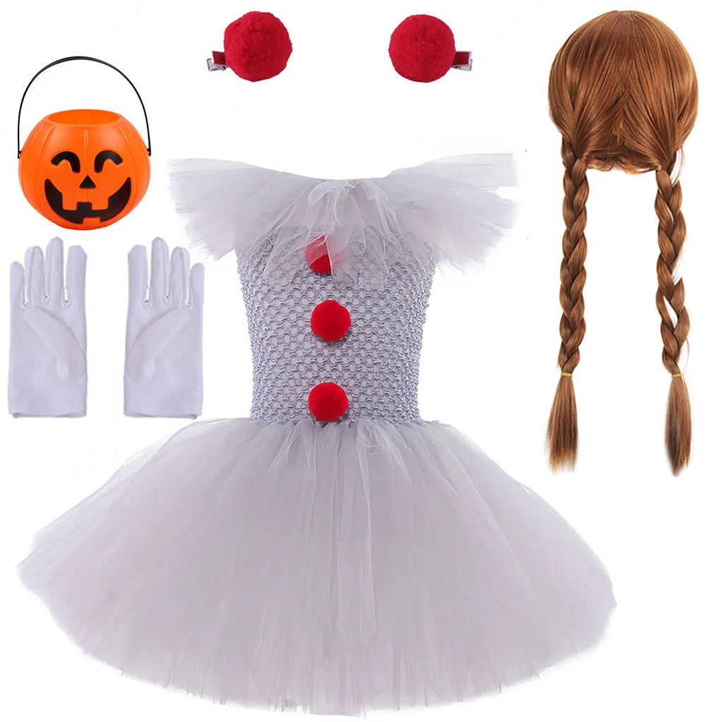 2026 Halloween Trick or Treat Carnival Party White Gray Scary Clown Mesh Fluffy Dress Girl Cosplay Joker Costume Accessories Set
