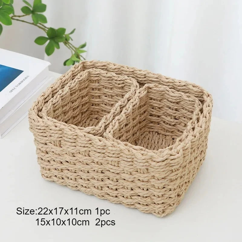 1/3pcs Handmade Straw Woven Soft Round Paper Rope Storage Basket for Organizing Decorative Storage Bins Office Storage Box