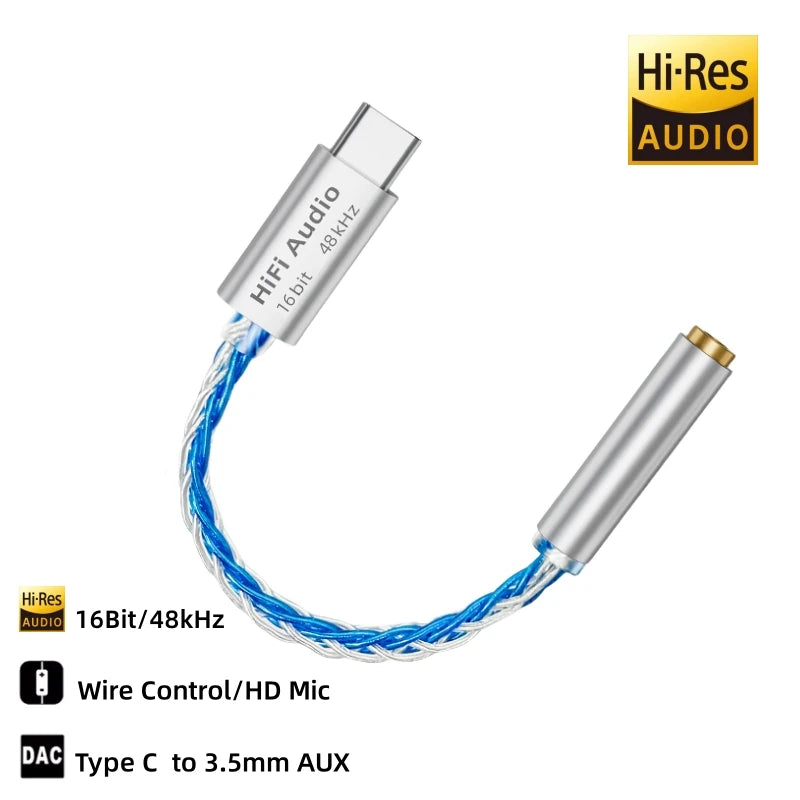 Type C to 3.5mm Jack AUX USB Cable HiFi Audio Amp Headphone Adapter HD Mic for QKZ KZ Earphone iPhone16/15 Samsung Xiaomi Huawei