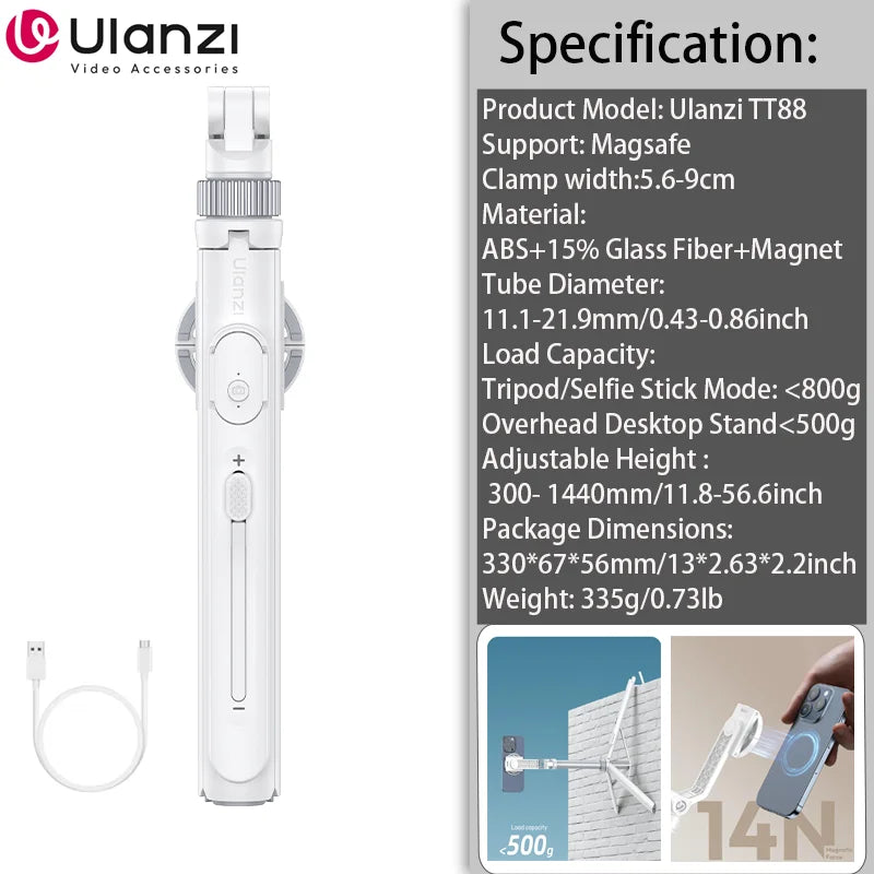 Ulanzi TT88 1.44M Overhead Selfie Stick Phone Tripod with Magnetic Clamp Wireless Remote Extension Tripod for LiveStreaming Vlog