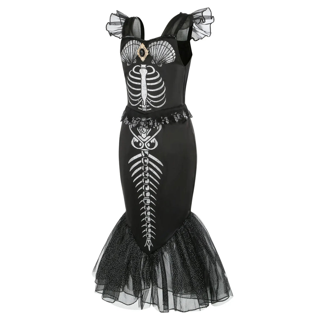 New Skeleton Little Mermaid Halloween Horror Costume Ariel Princess Costume Kids Birthday Party Prom Dress For Girls