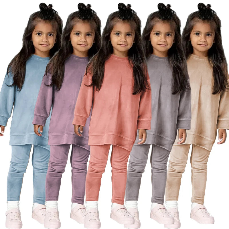 2026 Spring Kids Girl Velvet Suit Long Sleeve Pants Solid Clothes For Infant Toddler Boy Pullover Sweatshirt Set Teenage Outfits