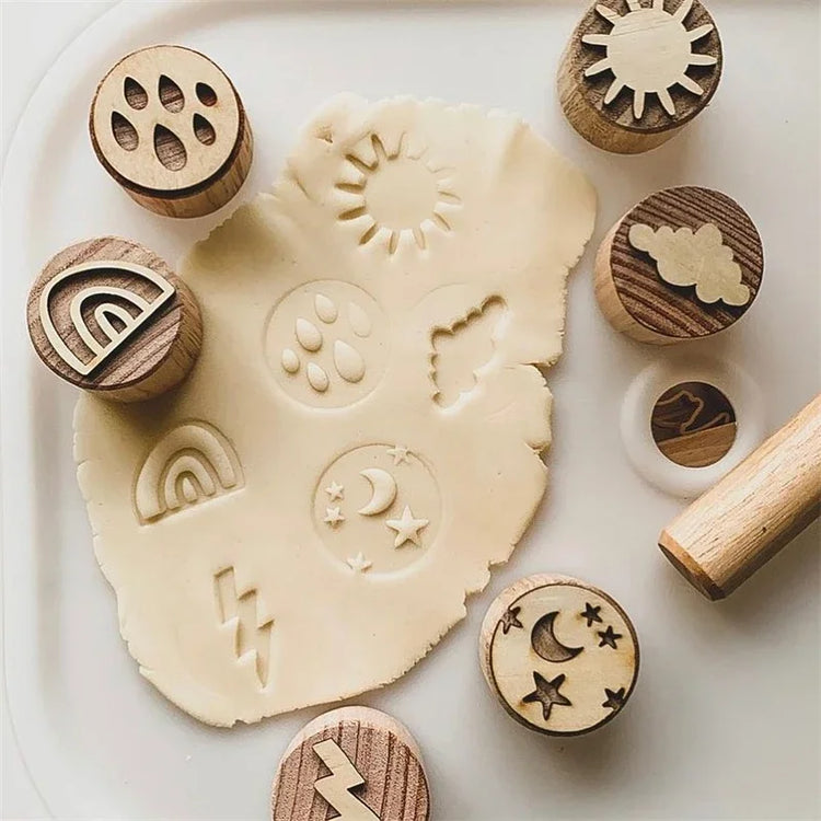 Kids Montessori Wooden Play Dough Stampers Tools Weather Insect Nature Stamps Playdough Fun Activity for Children Sensory Toys