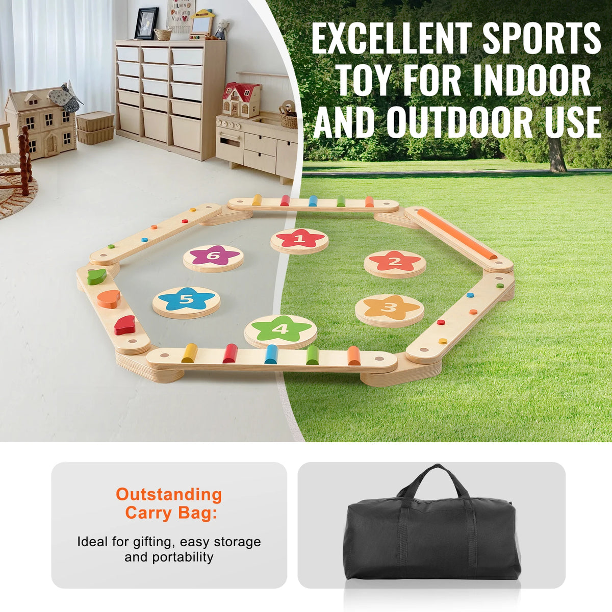 SucceBuy 6 PCS Balance Beam Stepping Stones Indoor Outdoor Wooden Toddler Balance Boards for Kids 2-6 Children Montessori Toy