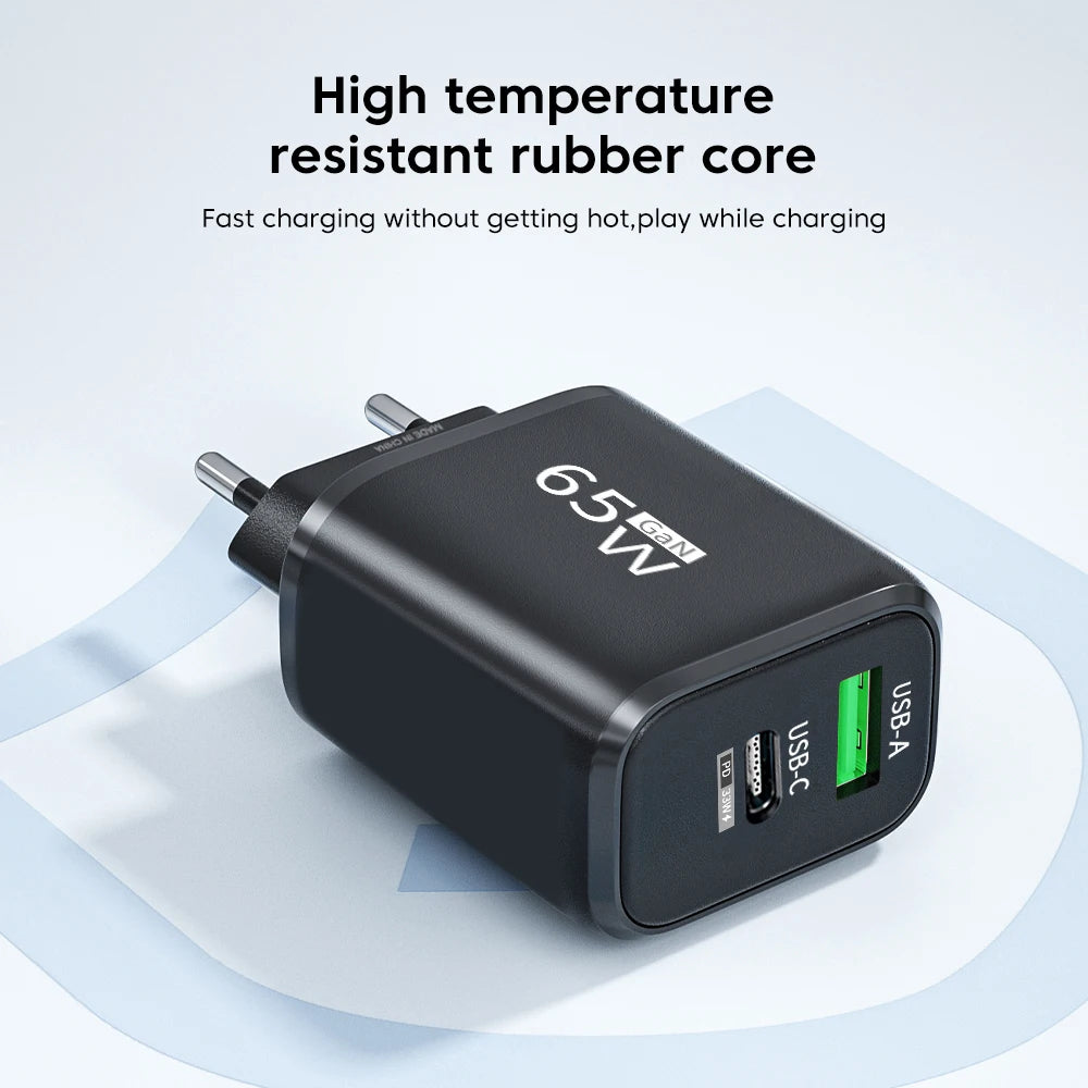 PD 65W GaN USB C Charger Dual Ports USB Type C Charger QC3.0 Fast Charging Charger Power Adapter for iPhone Samsung Xiaomi POCO