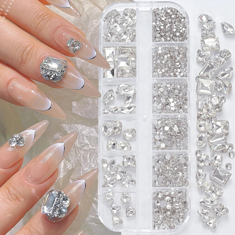 12 Grids 3D Champagne Nail Art Rhinestones Mixed Round,Fat Square,Heart,Butterfly Glass Diamond Nail Charms DIY Manicure Decor *