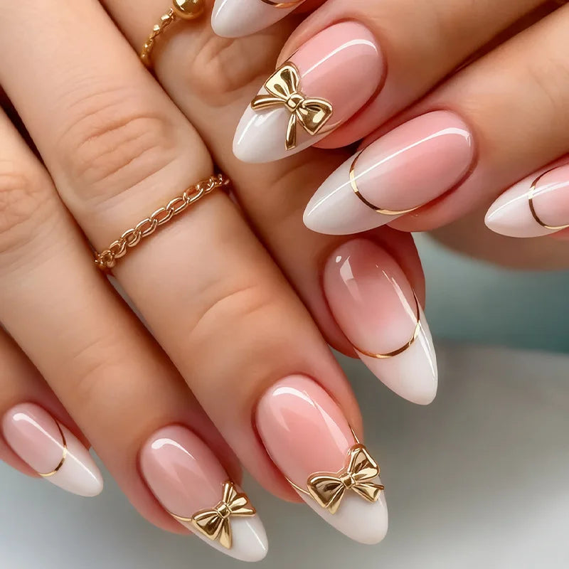 White French Press on Nails 3D Bowknot Fake Nails Tips Full Cover Wearable False Nails for Women and Girls DIY Manicure 24Pcs