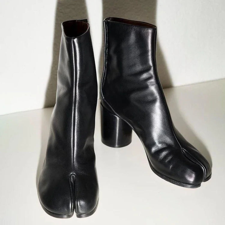 Luxury Brand Designer Tabi Split toe Ankle Boots Women Genuine Leather Chunky Round Heel Short Boots 2024 Autumn Winter Shoes
