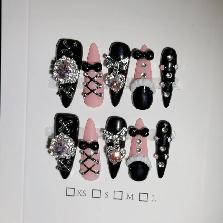 Long Stiletto Press on Fake Nails Blue Heart Diamond Bow Decoration False Nail Y2K Fashion Artificial Nail Handmade Acrylic Nail