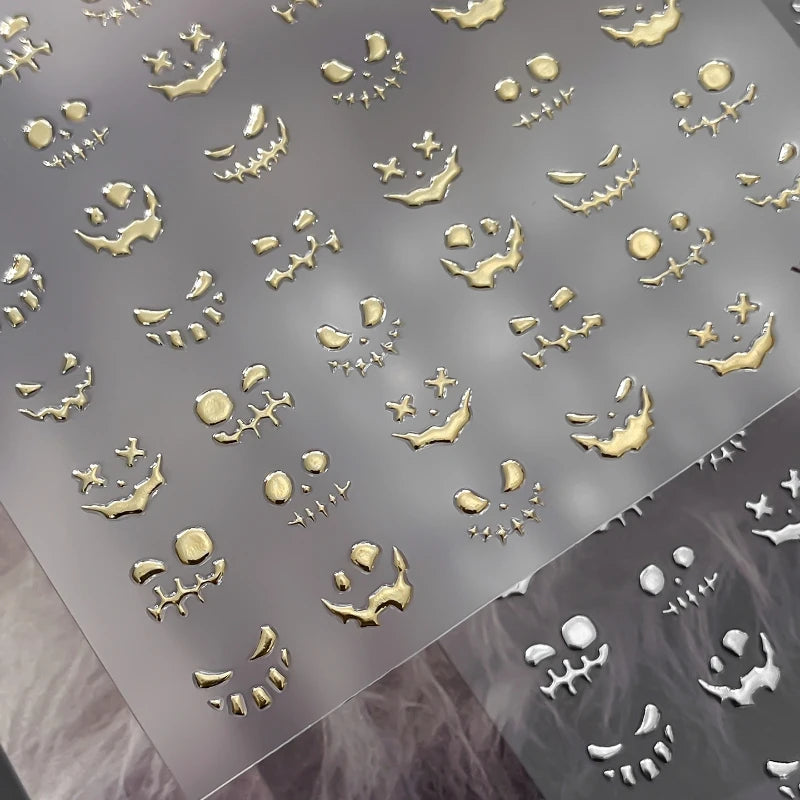 Wicked Pumpkin Expression Horror Face Dark Halloween Metallic Flat Cute Spooky Adhesive Nail Charms Art Sticker Manicure Decals