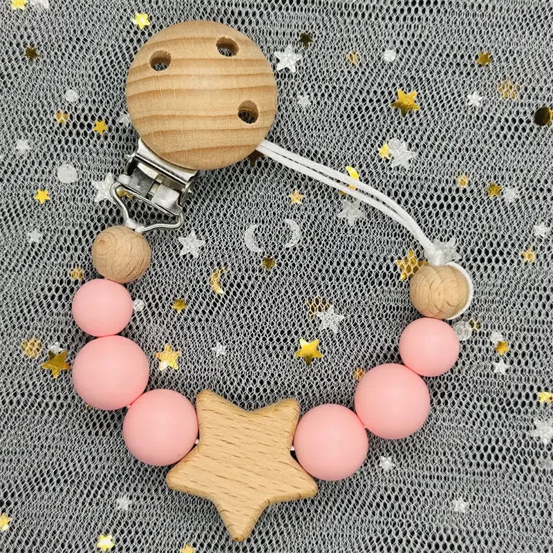 Personalized Baby Pacifier Clip Custom Name Silicone Bead Nipple Dummy Clips Engraved Infant Wooden Pacifier Holder Newborn Gift