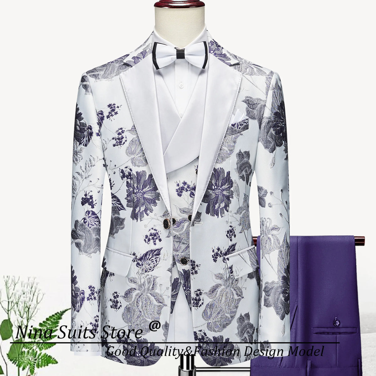 G&N 2026 New Series Men Suits Blazer Beautiful Lilac Purple Floral Pattern Tuxedos 3 Pieces Formal Party Costume Homme Slim Fit