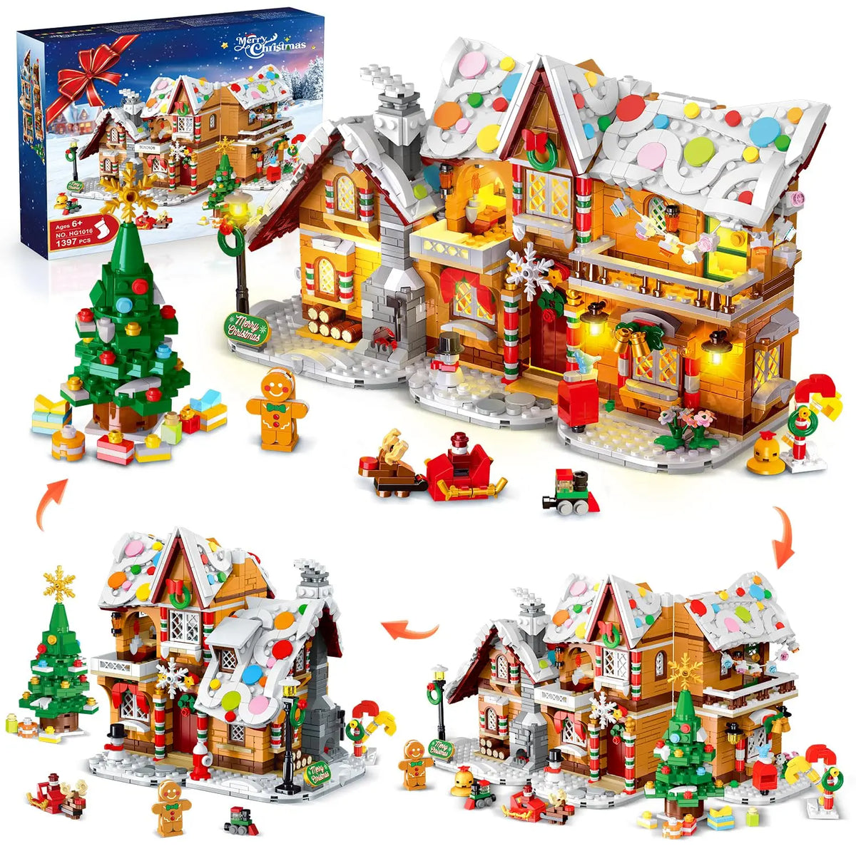 2025 Christmas Gingerbread House Building Toy with LED Light-3 Style Modes Block with Santa Xmas Tree Train for Adults Kids8+