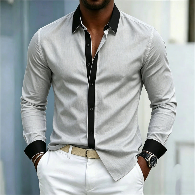 Men's Shirt Black And White Contrasting Splicing Men's Lapel Long Sleeved Shirt Slim Fit Business Casual Men's Top Size