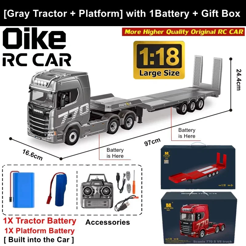 Remote Control Truck HUINA 1501 4WD RC Semi Trailer Car Heavy Duty Tractor with Light Sound 4X4 Off Road Tank Vehicle Model Toy