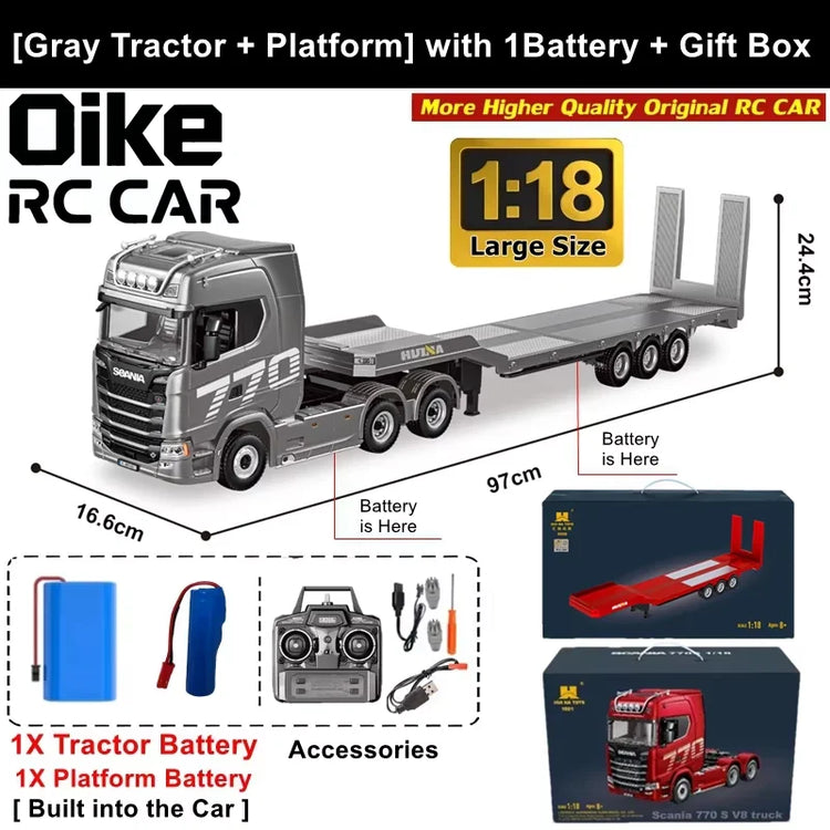 Remote Control Truck HUINA 1501 4WD RC Semi Trailer Car Heavy Duty Tractor with Light Sound 4X4 Off Road Tank Vehicle Model Toy