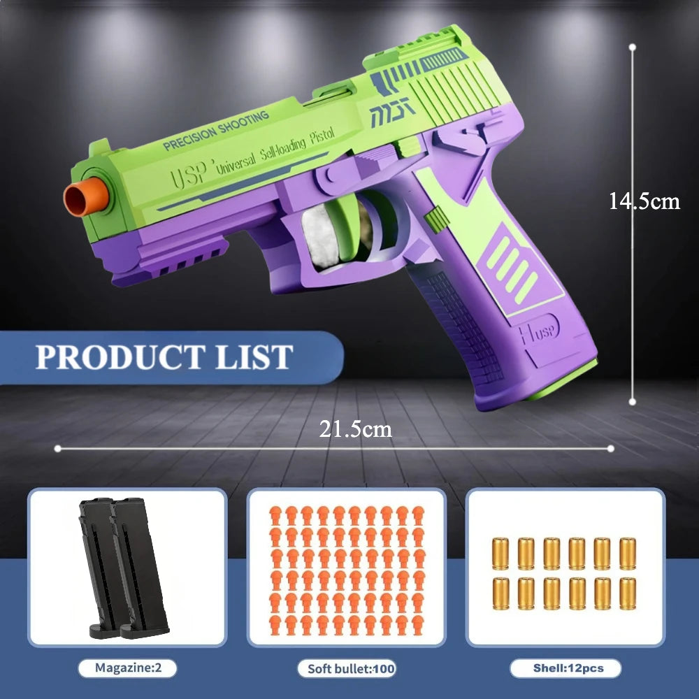 USP Shell Ejecting Soft Bullet Toy Gun Automatic Pull Back Action Shell Throwing Continuous Firing Shooting Games Christmas Gift