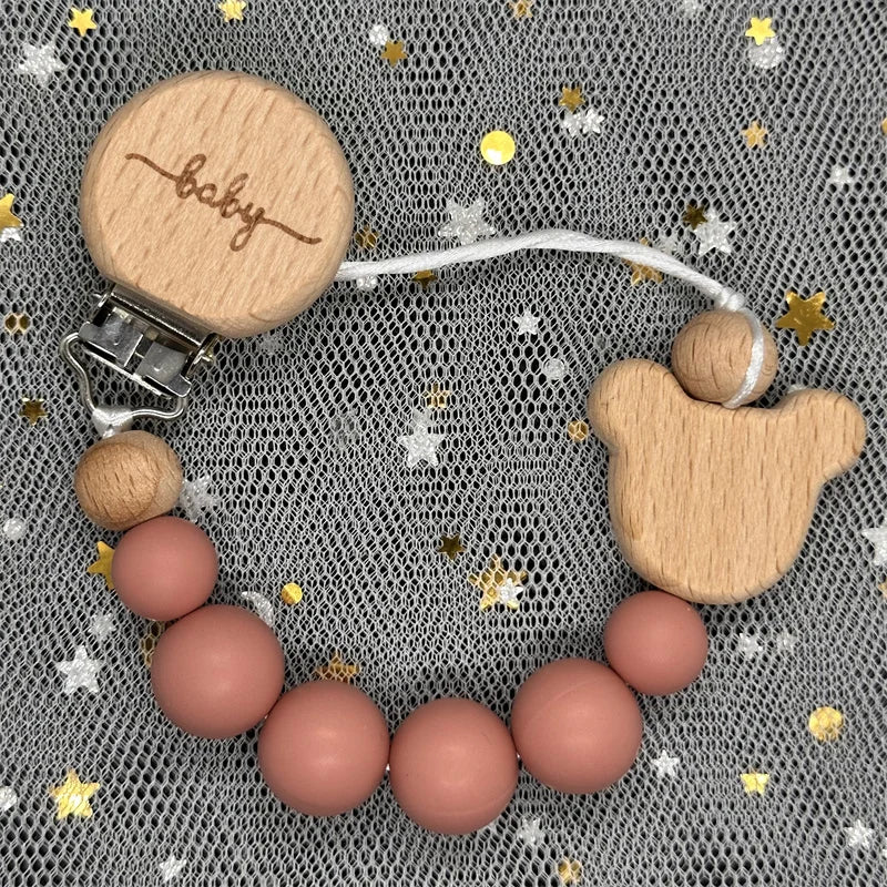Personalized Baby Pacifier Clip Custom Name Silicone Bead Nipple Dummy Clips Engraved Infant Wooden Pacifier Holder Newborn Gift