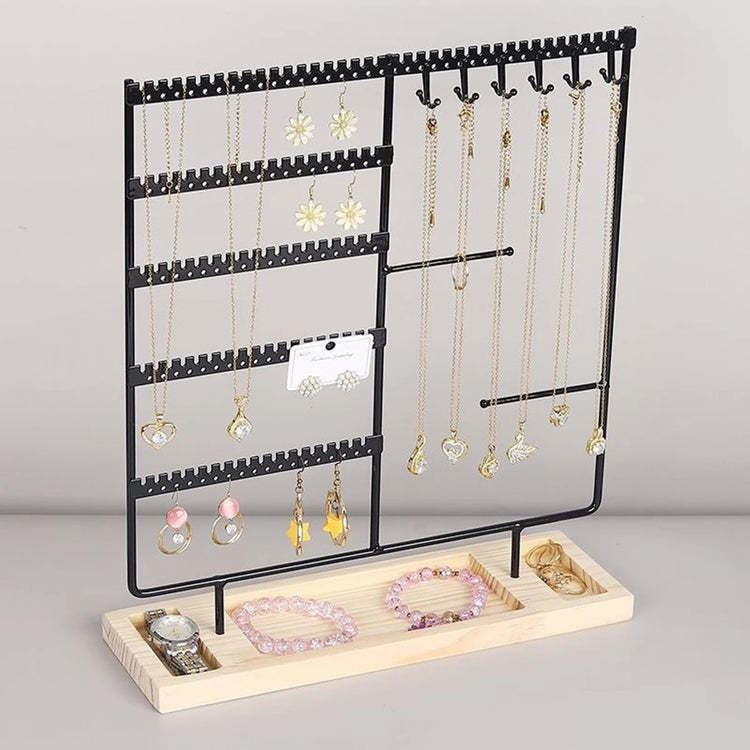 Metal Jewelry Organizer Stand with Wooden Tray - Multi-Functional Storage for Earrings, Necklaces, Bracelets & Rings