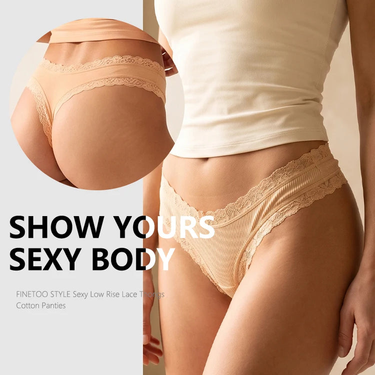 6Pcs/Set Cotton Patchwork Lace Panties Women Solid Color Breathable Low Waist G-strings Underwear Ladies Soft Comfortable Thongs