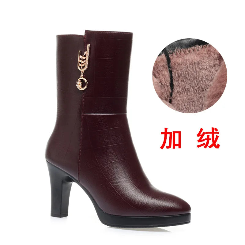 Women's Autumn Winter Fashion Leather Boots Warm High-heeled Plush Trend Mid-calf Zipper Round Head Mother Cotton Boots Outdoor